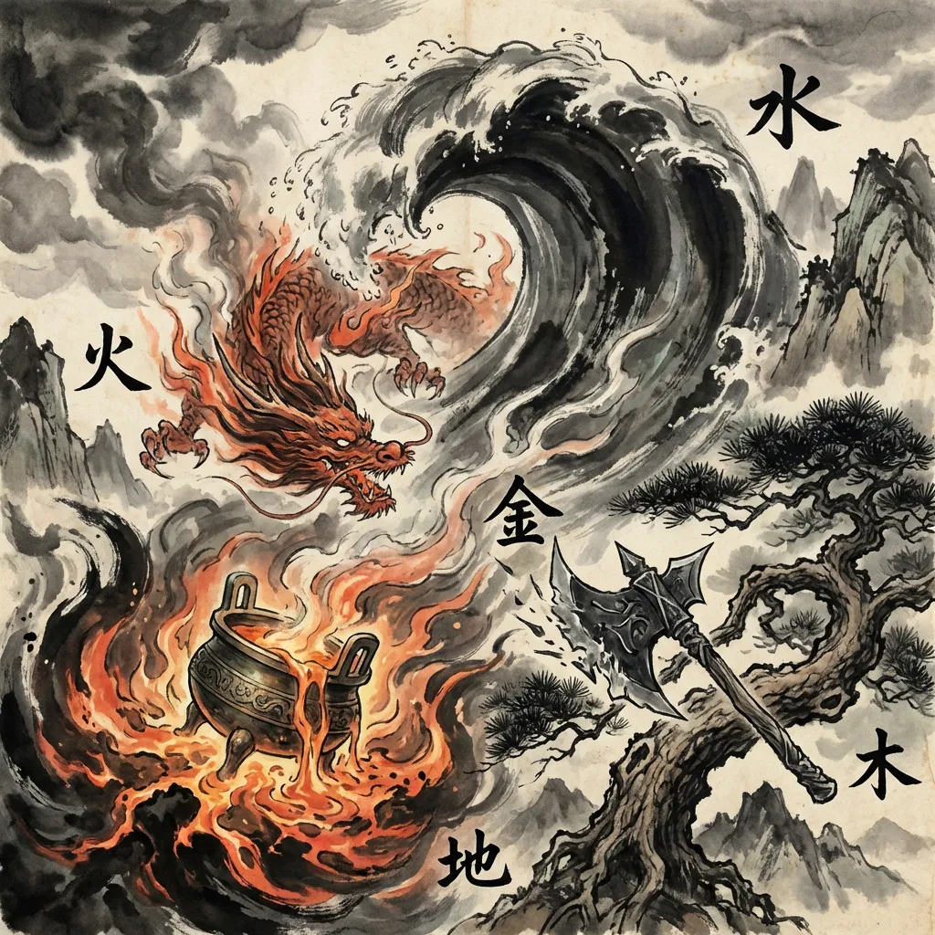 The Controlling Cycle of the Five Elements showing how each element restrains another